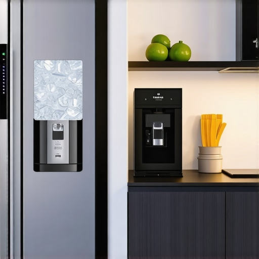 Modern kitchen featuring sleek counter depth smart fridge with water and ice dispenser