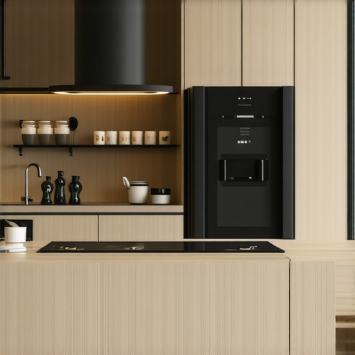 A modern kitchen showcasing a sleek, integrated smart refrigerator surrounded by connected appliances