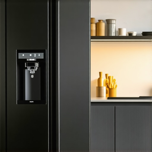 A contemporary kitchen featuring a sleek counter depth smart refrigerator with water and ice dispenser