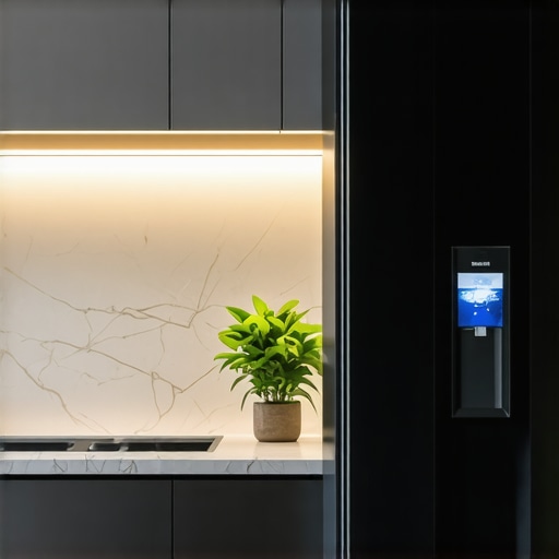 Contemporary kitchen showcasing a sleek counter depth smart refrigerator with water and ice features