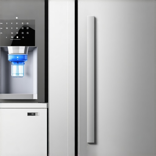 High-tech smart French door refrigerator with digital water and ice dispenser in a modern kitchen.