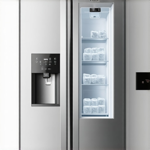Modern refrigerator with digital water and ice dispenser in a sleek kitchen.
