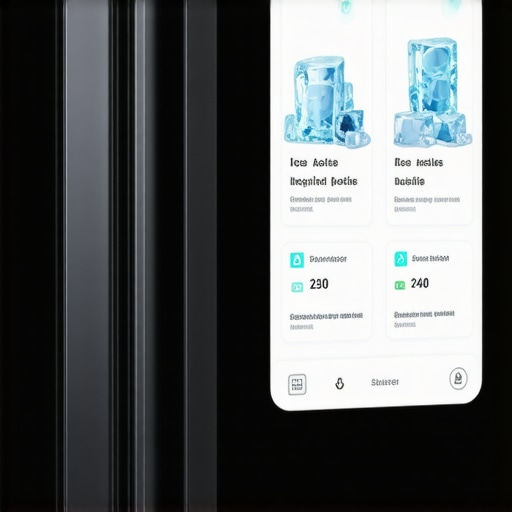 Close-up of a high-tech smart fridge showing ice options and interior inventory display.