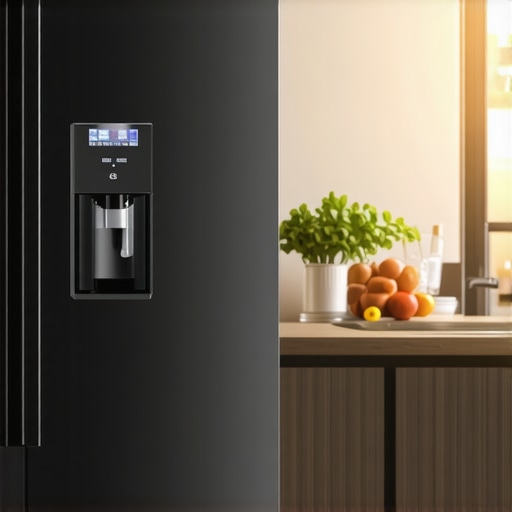 Modern French Door Refrigerator with Water and Ice A sleek French door fridge with water and ice dispenser in a contemporary kitchen.