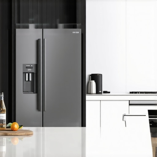 Modern Kitchen with Counter Depth Refrigerator A contemporary kitchen showcasing a sleek counter depth fridge with water and ice features