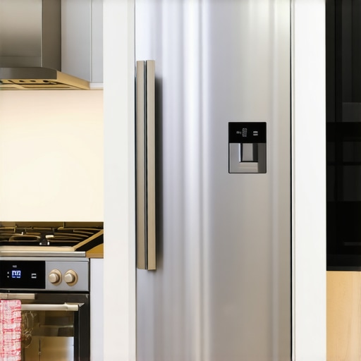 Sleek counter depth refrigerator with ice and water features in a modern kitchen