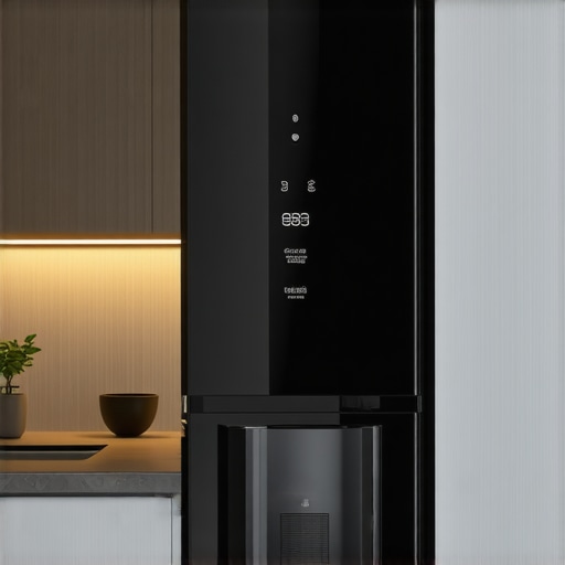 A contemporary kitchen featuring a sleek counter depth smart refrigerator with digital display and water dispenser.