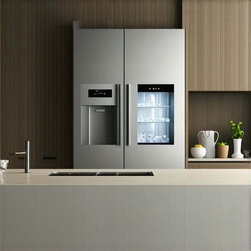 Modern kitchen with counter depth refrigerator Sleek counter depth refrigerator integrated into kitchen cabinetry with water and ice features.