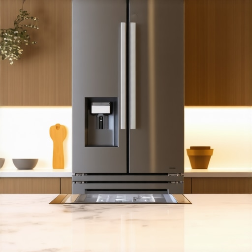 Modern kitchen with sleek counter depth fridge Kitchen with modern counter depth refrigerator showing water and ice dispenser