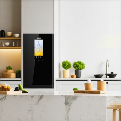 Contemporary kitchen featuring a counter-depth smart refrigerator with water and ice dispenser.