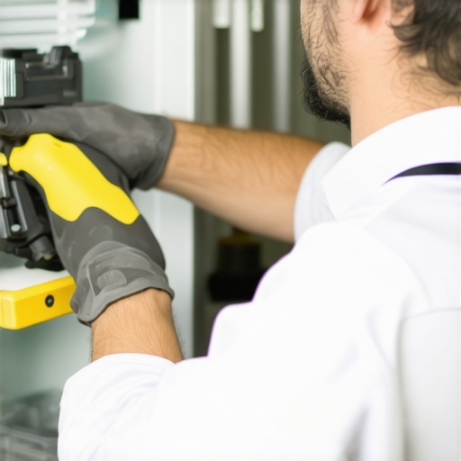 Technician cleaning refrigerator coils to maintain efficiency