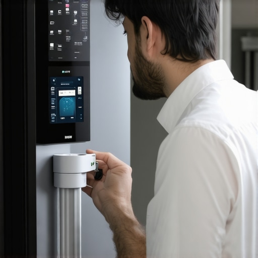 Smart Fridge Maintenance Tools Technician using diagnostic tools on a smart refrigerator in a modern kitchen.