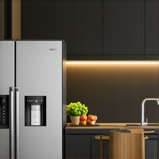Smart Refrigerator in Modern Kitchen A contemporary kitchen showcasing a smart fridge with water and ice features
