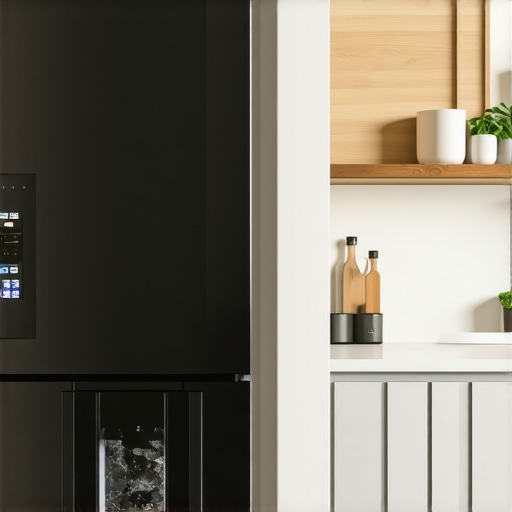 Modern kitchen featuring a sleek counter depth refrigerator with ice and water features