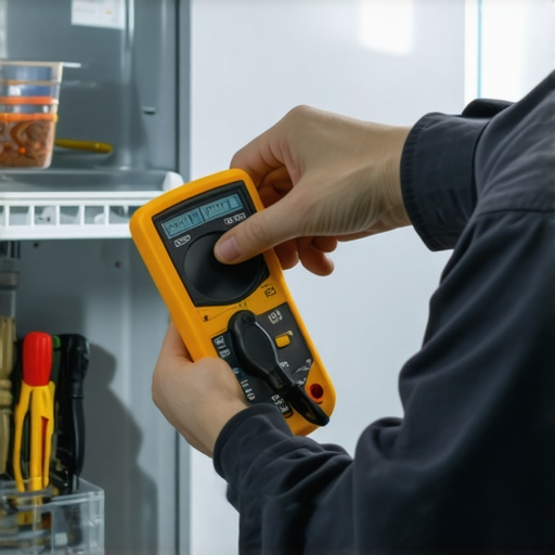 Tools for Refrigerator Maintenance Person maintaining a smart refrigerator with a multimeter and coil brush.