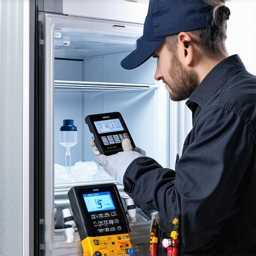 Technician testing water lines and ice maker components of a smart fridge with diagnostic tools.