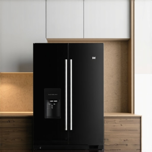 Modern kitchen with a stylish counter depth smart refrigerator featuring water and ice dispenser.