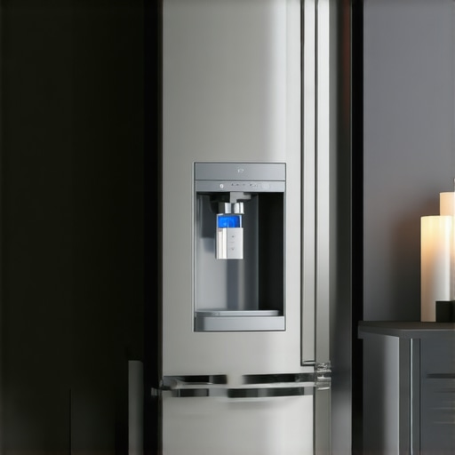 Sleek French door refrigerator with water and ice features Modern refrigerator with water dispenser and ice maker in stylish kitchen