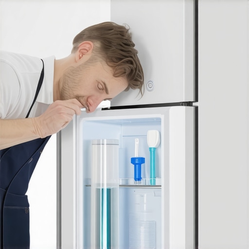 Person replacing water filter in smart refrigerator, demonstrating maintenance tools.