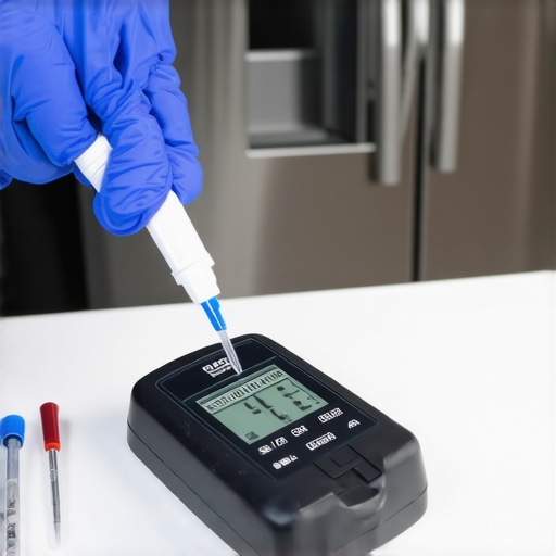 Technician testing water quality using a digital testing kit near a modern refrigerator.