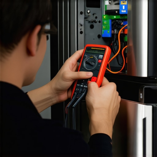 Technician inspecting a smart fridge's electrical system with a multimeter.