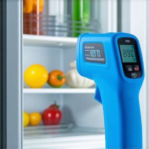 Close-up of a digital infrared thermometer pointing at a refrigerator shelf to check temperature