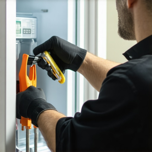 Technician cleaning and inspecting the ice maker in a modern French door refrigerator
