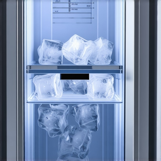 Close-up of a French door refrigerator's ice maker with transparent ice cubes.