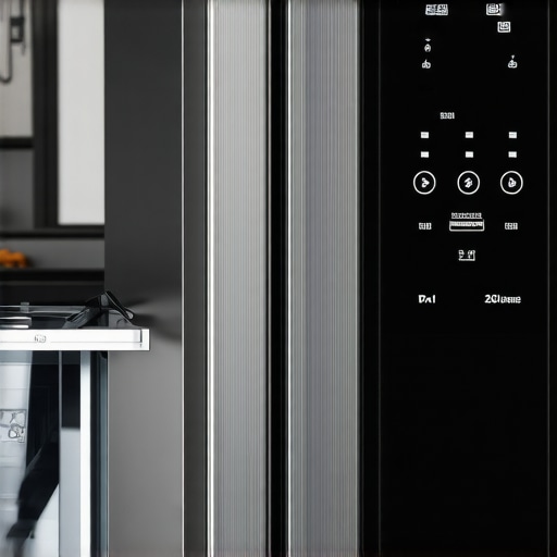 A sleek modern French door refrigerator with digital controls and dual ice makers in a contemporary kitchen setting