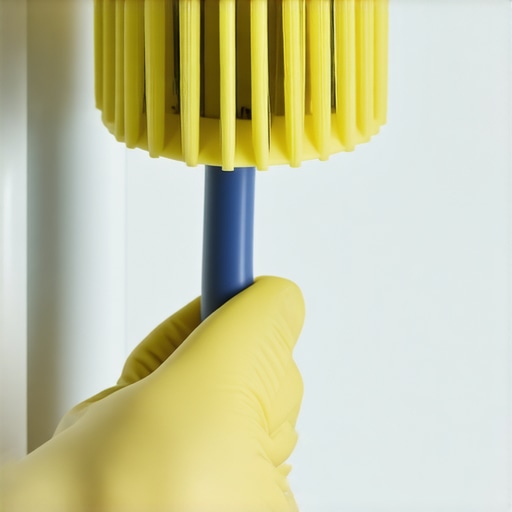 Person cleaning the condenser coils of a modern refrigerator with a brush in a sleek kitchen