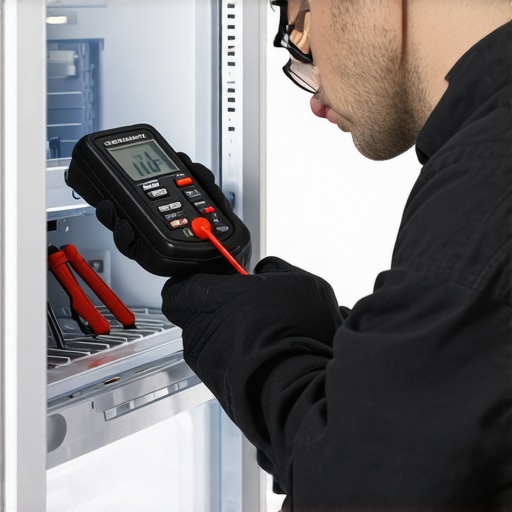 Professional maintenance of a smart refrigerator Technician testing a smart fridge with a multimeter during maintenance.