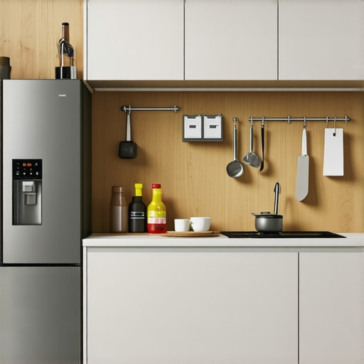 A high-tech kitchen showing a smart refrigerator, network analyzer device, and maintenance tools for appliances.