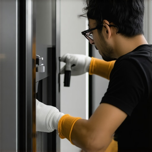 Tech Cleaning Smart Fridge Sensors for Longevity Person using sensor cleaning kit on a French door refrigerator in a contemporary kitchen.