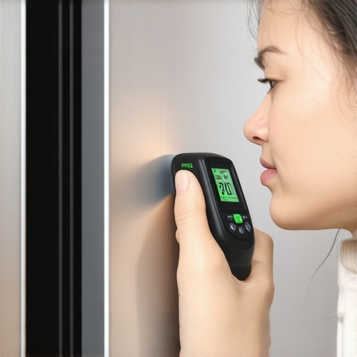 Person measuring fridge temperature with infrared tool