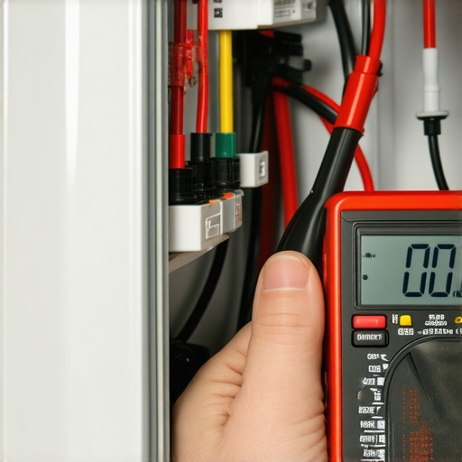 A person using a multimeter to test refrigerator sensor wiring for proper voltage and connection.