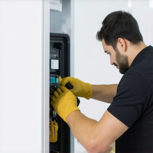 Maintaining Your Refrigerator's Efficiency Technician using a grill brush to clean the condenser coils of a smart fridge