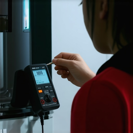 Technician inspecting a refrigerator's water line with a multimeter and camera