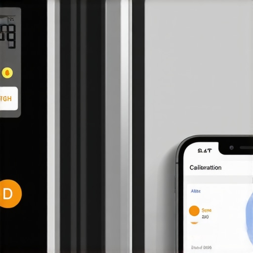 Tools for Smart Fridge Maintenance A digital level and smartphone open to a diagnostic app for appliance health checks.