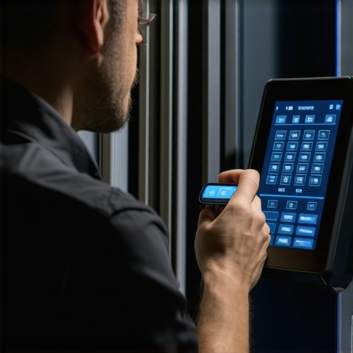 Technician performing maintenance on a smart fridge with diagnostic device