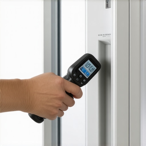 Person checking fridge temperature with infrared thermometer