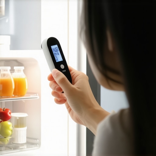 Using a Digital Thermometer in a Smart Fridge Person checking fridge temperature with a digital thermometer