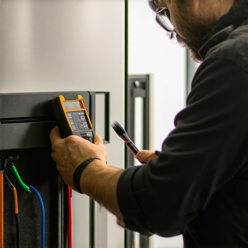 Utility Tools for Refrigerator Maintenance Technician with multimeter and cleaning tools inspecting a refrigerator coil