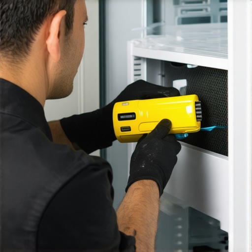 Refrigerator Coil Cleaning Tools in Action Technician using a coil cleaning brush on a refrigerator's condenser coils for maintenance.